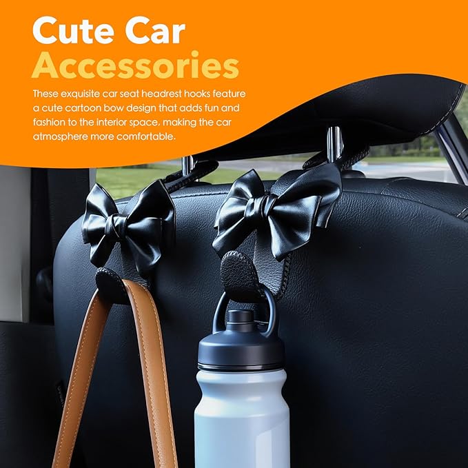 Car Purse Hook, Cute Bow Hooks for Headrest - Leather U-Shaped Purse Holder for Car, Flexible Seat Back Organizer & Durable Vehicle Accessories for Bags, Coats & More (Black-2 Pack)