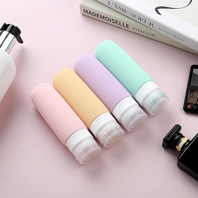 Mrsdry Travel Bottles for Toiletries, Tsa Approved 3oz Portable Travel Bottles, BPA Free Leak Proof Squeezable Silicone Travel Size Containers, Travel Accessories with Clear Toiletry Bag (4 Pack)