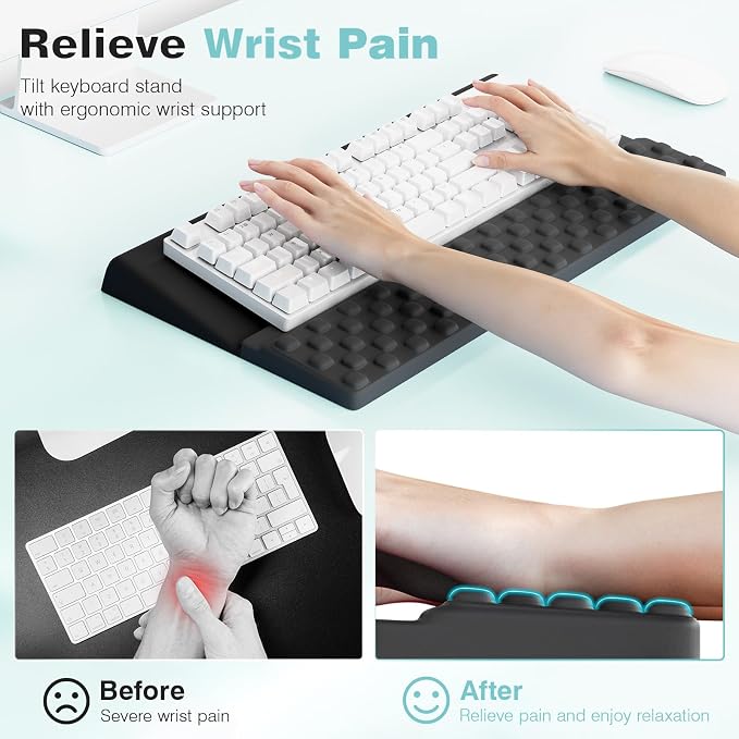 Ospelelf Keyboard Wrist Rest, Ergonomic Memory Foam Wrist Support for Typing & Gaming, Tilted Keyboard Pad, Aesthetic Desk Accessories for Office, Relief for Carpal Tunnel & Wrist Pain, Black Gray