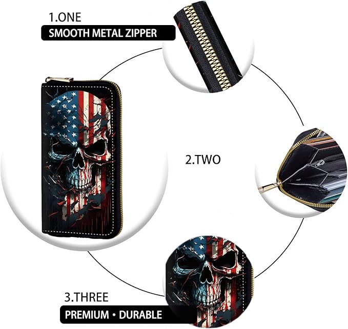Women's RFID Blocking Zip Around Wallet with Detachable Wrist Strap, Large Capacity Credit Card Holder Organizer for Everyday Use,Skull American Flag