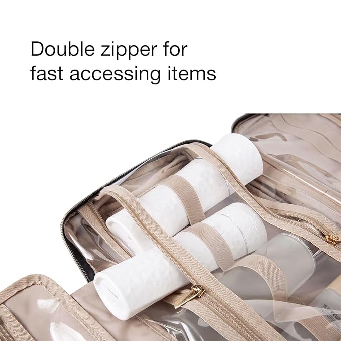 BAGSMART Toiletry Bag Travel Bag with Hanging Hook, Water-resistant Makeup Cosmetic Bag Travel Organizer for Accessories, Shampoo, Full-size Container, Toiletries (Khaki Checkerboard, Medium)