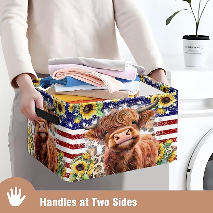 Patriotic American Cow Highland Storage Bins Oxford Fabric Storage Basket for Shelves for Organizing Closet Shelf Nursery Toy with Handles 10 x 14 x 8 inches