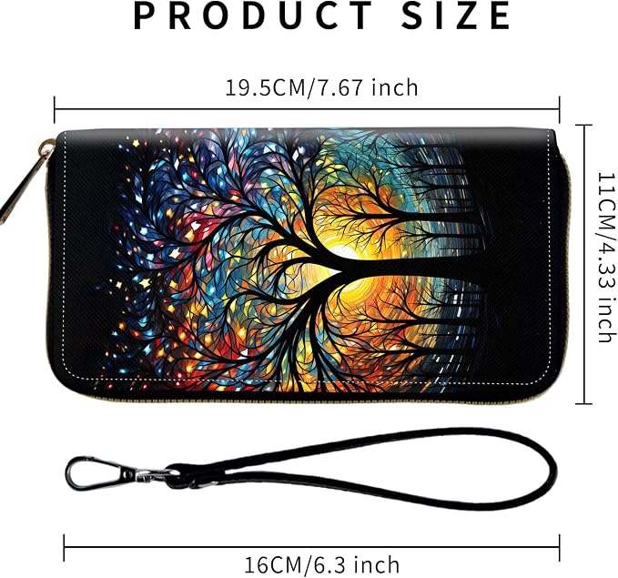 Wallet,Leather Long Wallet Suitable For Ladies And Teenagers - Detachable Wristband + RFID Travel Wallet With Card Slot - Colorful Trees