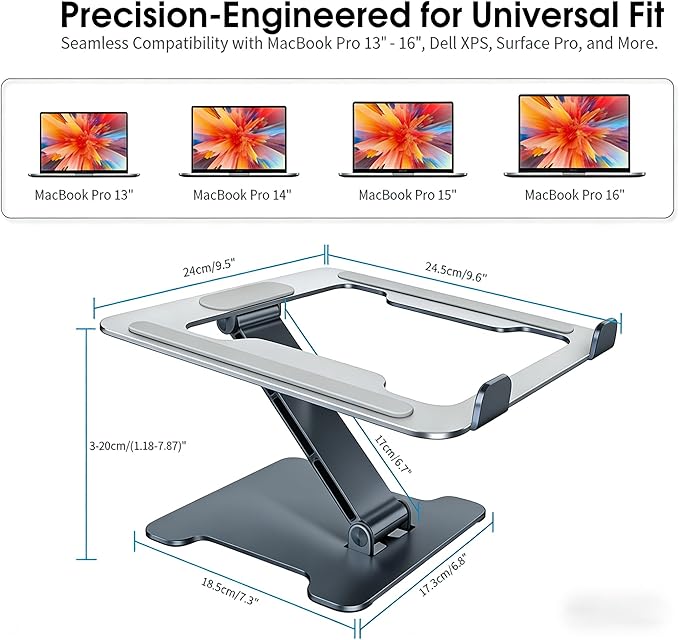 Foldable Aluminum Laptop Stand, Height Adjustable Ergonomic Riser for Collaborative Work,Tablet, Reading and More. Portable Laptop Stand for All 10-16" (Gray)