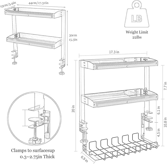 Clip-on Desktop or Under-Desk 2-Tier Shelving Unit, Clamp-on Desk Organizer Shelf with Adjustable Storage Tray Computer Table Organizer for Office Desk