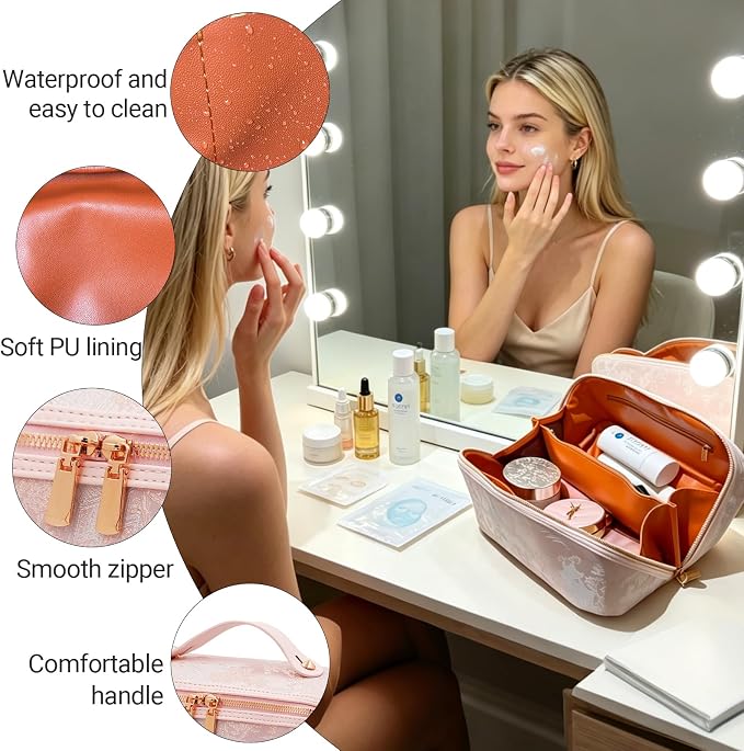 Travel Makeup Bag with Compartments & Organizers – Flat Open Cosmetic Pouch for Women, Purse-Style Design for Traveling, Perfect for Toiletries & Cosmetics (Pink)