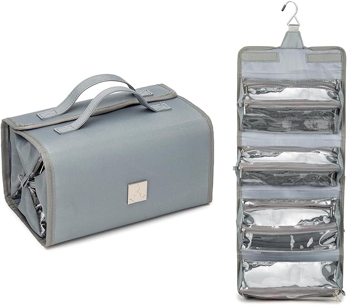 ROYALFAIR Roll Up Makeup Bag, Travel Toiletry Bag for Women with 4 Clear TSA Approved Pouches, Hanging Travel Organizer, Folding Cosmetic Bag for Men and Women