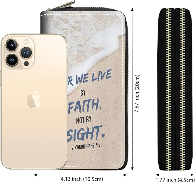 Women's Large Capacity Wallet PU Leather Double Zipper Clutch Purse Multifunctional Wallet with Removable Wristlet Strap for Smart Phone/Coin/Card/Cash, Beach Waves Quote 2 Corinthians 5:7