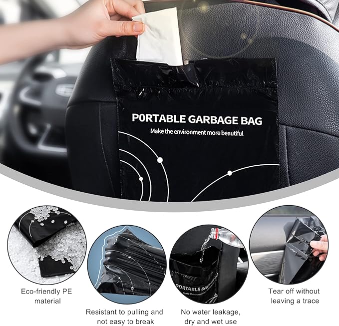 Disposable Trash Bags for Cars, Vomit Bags Pack of 100, Portable Drawstring, Paste Dual-Use Self Adhesive Cleaning Bags, Easy Stick on and Hanging, for Cars Kitchens Bedrooms Travel Office (Black)