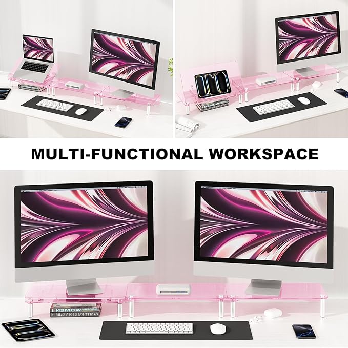 RQUOIRE Ergonomic Pink Acrylic Dual Monitor Stand with Adjustable Laptop Riser, Compatible with Desktop, Printer, TV and More Devices,monitor riser holder suitable for 2 monitors