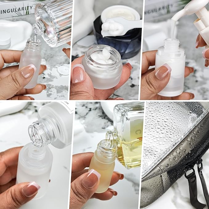 Travel Bottles for Toiletries,14pcs,Toiletry Bag,Airless Pump Bottles,Dropper Bottles,glass jars,Spray bottle,Leak Proof&Refillable,TSA Approved