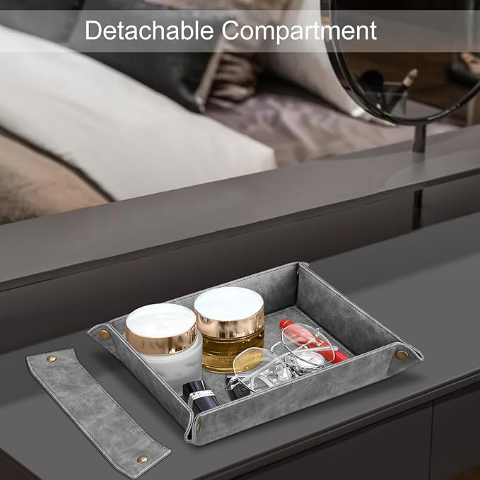 SITHON Valet Tray Desktop Storage Organizer, Removable 2 Compartments Catchall Tray Bedside Vanity Nightstand Caddy Holder Desk Storage Plate (Gray)