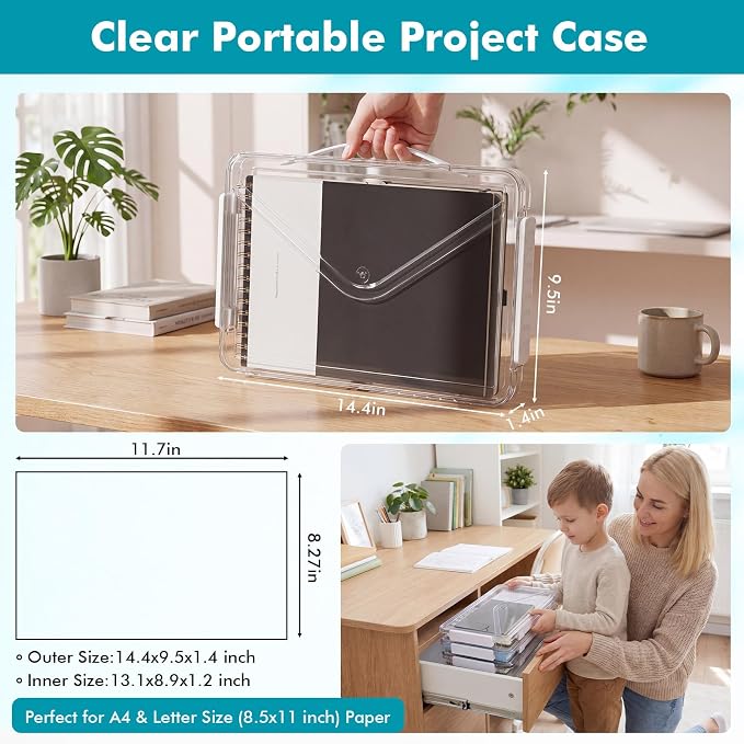 Novabright 3 Pack Clear Plastic File Boxes with Handle Portable Project Case Storage Bin with Lid Transparent Stackable Container Document Magazine Protector for A4 Paper Photo Scrapbook (White)