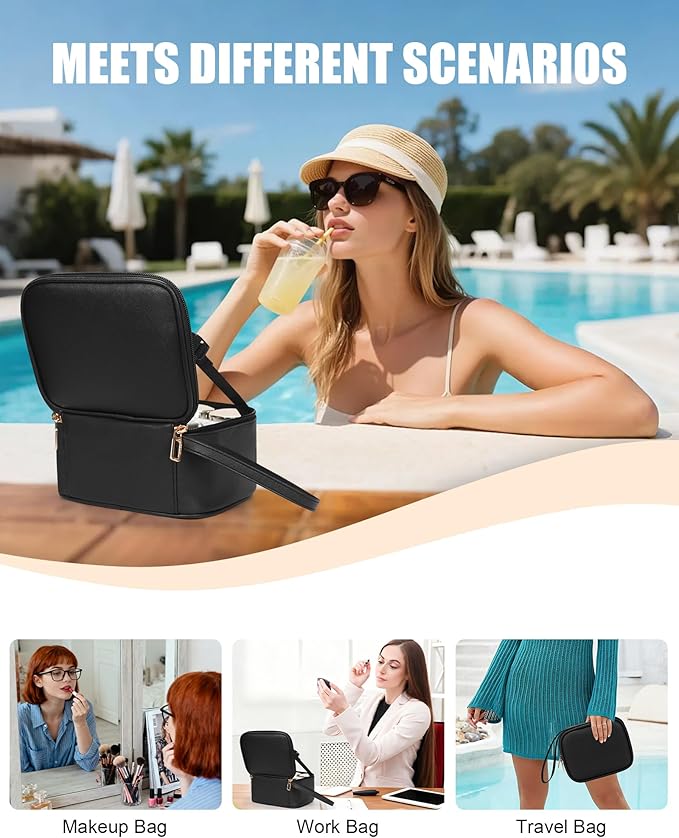 Relavel Small Makeup Bag with Led Mirror, Travel Cosmetic Case with 3 Light Modes and Adjustable Brightness, Foldable Makeup Pouch with Toiletries for Daily Use丨Work Touch-Ups丨Camping - Black