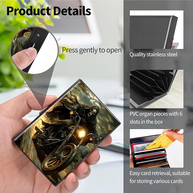 Metal Wallet, Credit Card Holder for Women Men Girls, RFID Blocking Aluminum Wallet Slim Hard Case, Mini Travel Wallet, ID Card Holder Business Card Case,Motorbike Skull