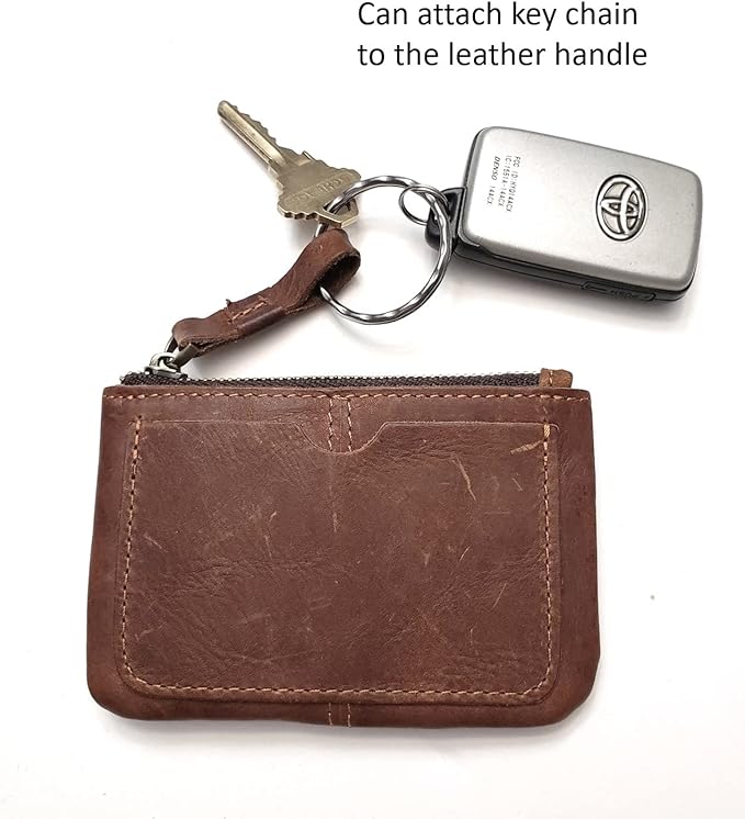 Genuine Leather Coin Purse Pouch for Women Men Vintage Cowhide Grain Leather Slim Mini Wallet Metal Zipper with Real Leather handle (Dark Brown)
