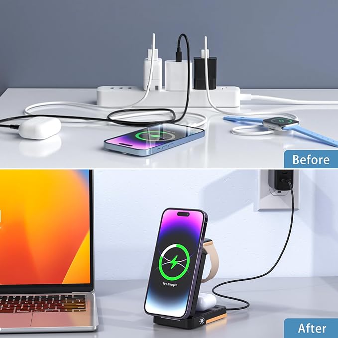3-in-1 Travel Magnetic Charging Station for iPhone 17/17 Pro/17 Pro Max/Air/16 15 14 13 12 Pro Max Plus mini/Apple Watch/Airpods, Foldable Portable Wireless Charger Stand with Night Light-Black