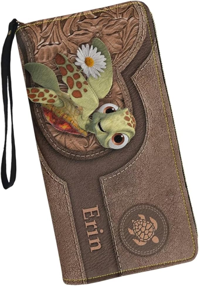 Bulopur Custom Name Wallet for Women Leather Mom's Gifts Sea Turtle Wristlet Wallets Waterproof Minimalist Long Wallet Large Capacity Clutch Purse Coin Cash Holder for Travel Shopping Work