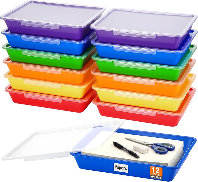 Tinlade 12 Pcs Classroom Paper Storage Bins with Clear Latching Lids Labels, Letter Size Stackable Flat Trays Container Paper Organizer for Teacher Back to School Office Arts Crafts (Rainbow,13x10in)