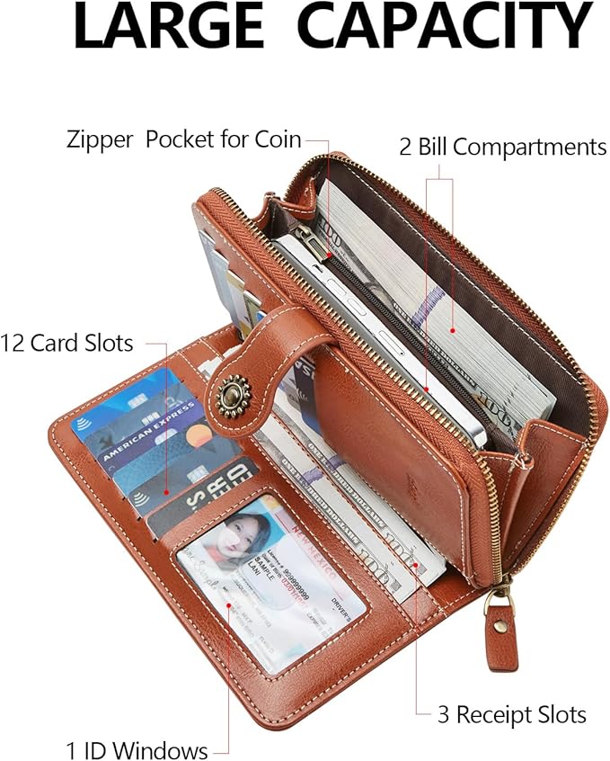 TFKGS Wallet for Women RFID Blocking Leather Large Capacity Card Holder Ladies Phone Clutch Travel Long Purse Wristlet | RFID Blocking, Leather, Large Capacity, Ladies, Travel