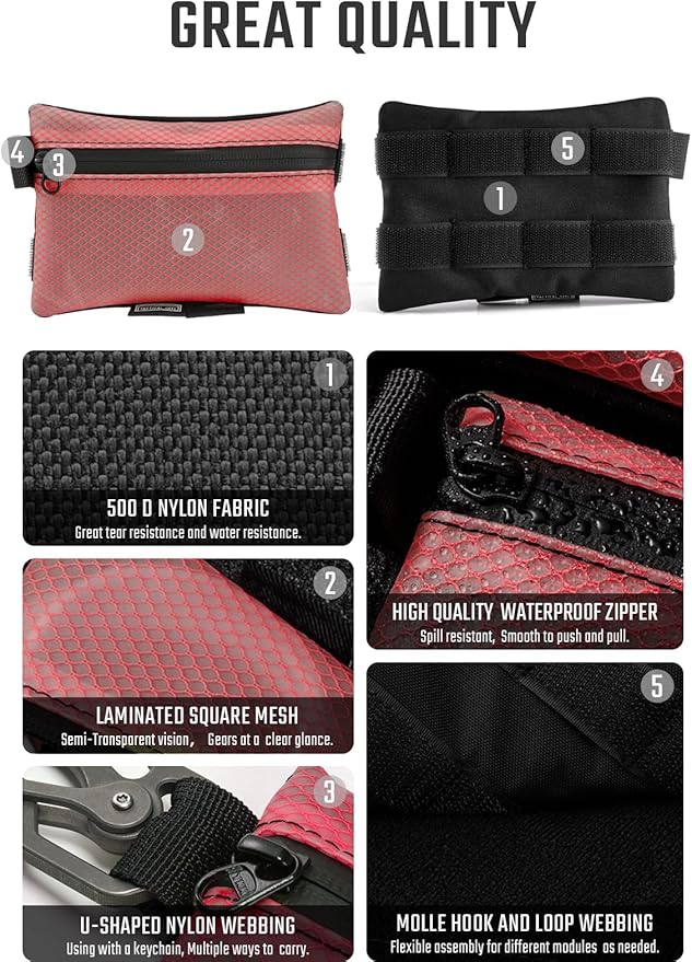 TACTICAL GEEK Storage A5 EDC Storage Pouch Set, Molle EDC Gadget Pouch, Multi-Functional Utility Small Tool Pocket for Daily Carry (Red)