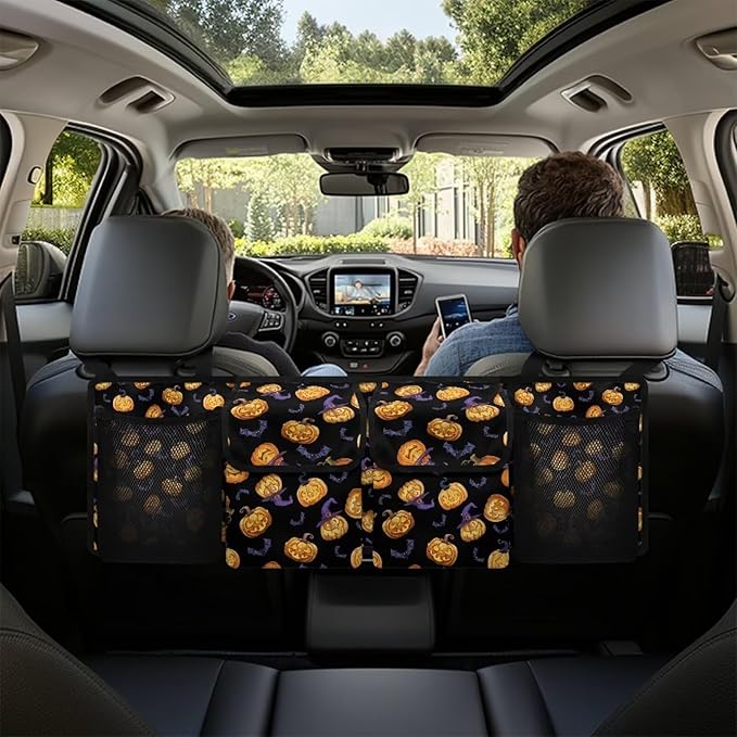 Halloween Pumpkins Car Trunk Organizer for Women Men Car Back Seat Hanging Storage Bag Collapsible Auto Cargo Bag with 4 Large Pockets Auto Interior Accessories
