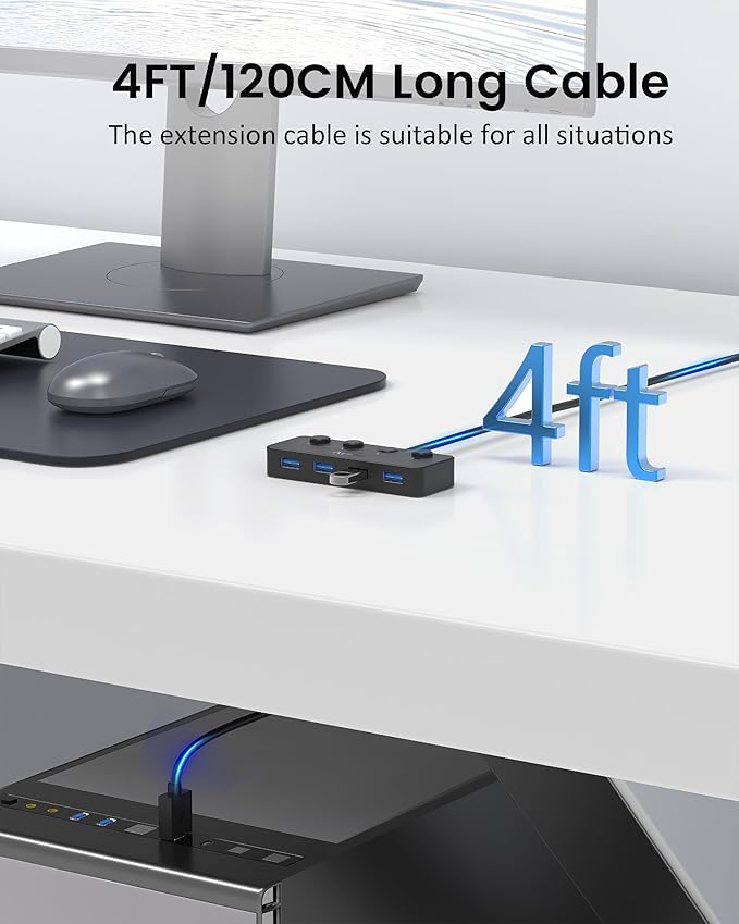 Aceele USB Hub 3.0 with Individual LED Power Switches & Type C Power Port, Multiport USB Splitter 3.0 with 4FT Long Cable, Slim & Portable USB Port Extender for Laptops, PC, MacBook, Mac Pro and More