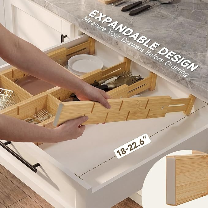Bamboo Drawer Dividers, Expandable Kitchen Drawer Organizer, Include 8 Dividers, 8 Small Inserts and 8 Medium Inserts for Home, Office, Dressers