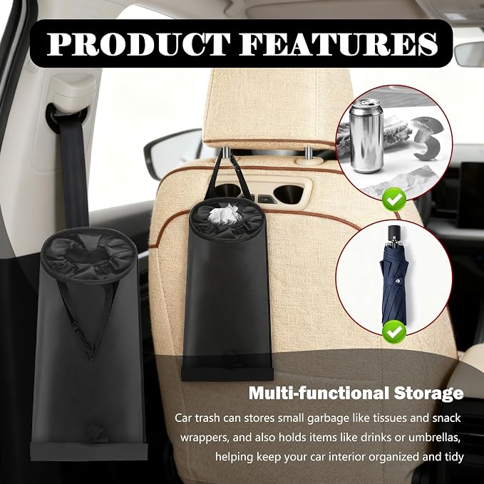 2026 New 2PCS Car Trash Bag Hanging,Large Capacity Car Trash Can with Elastic Opening & Leak-Proof Base,Detachable & Multi-Functional Cars Garbage Can as Cars Organizer Bag