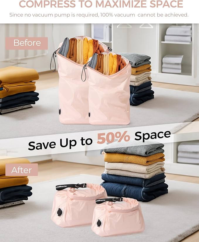 Travel Laundry Bag, Pump-Free Vacuum Compression Dirty Clothes Bag, Reusable Waterproof & Washable Laundry Bag, Wet and Dry Bag, Ideal for Suitcases, Road Trip Essentials (2 Pcs, M+L) Pink