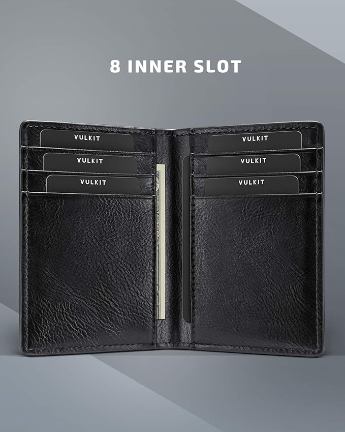 VULKIT Bifold Front Pocket Slim Wallet RFID Blocking Minimalist Thin Leather Credit Card Holder Wallet for Men and Women Black