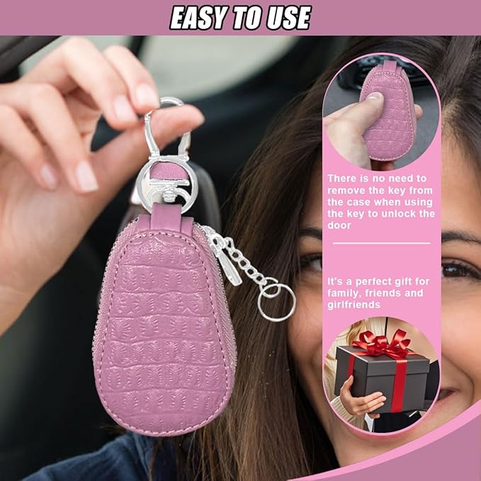 Leather Car Keychain Case Holder - Keyring Zipper Bag Auto Key Fob Cover Case with Metal Hook - Car Key Case Smart Key Fob Protector for Remote Key Fob (Pink)