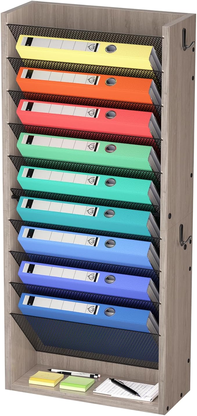 Hanging Wall File Organizer, 11 Tier Wood Wall File Holder with 4 Hooks, Mail Organizer Wall Mounted with Bottom Flat Tray, Vertical Paper Desk Storage for Office, Home, Greige