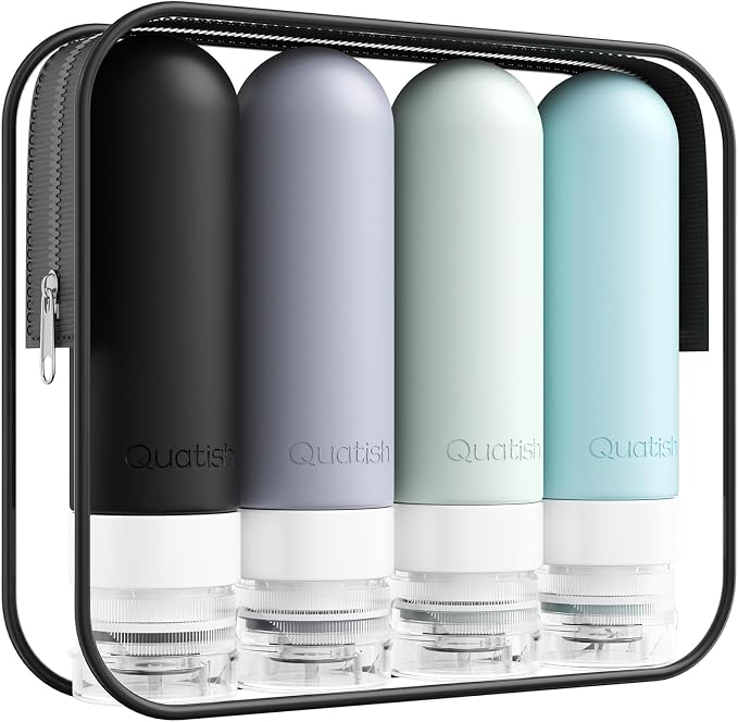 Quatish Travel Bottles for Toiletries, Original Patented Leak Proof Travel Size Toiletries, 3 oz Tsa Approved Silicone Shampoo and Conditioner Bottles, Travel Essentials, 4 Pack, Grey
