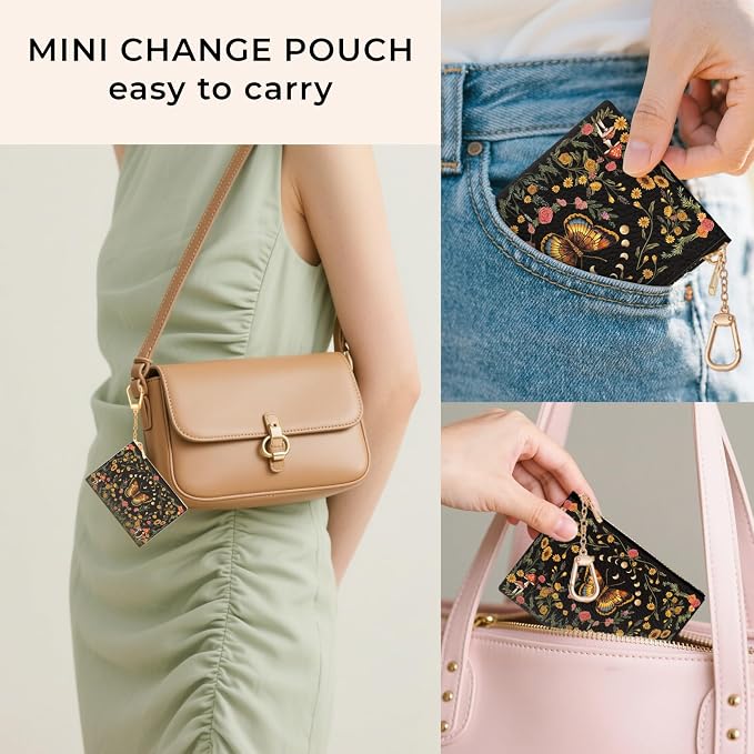 Butterfly Moon Keychain Coin Purse for Women, Mushroom Floral Vintage Small PU Leather Change Pouch, Zipper Little Tiny Travel Wallet for Girls, Cute Zip Pocket Coin Holder with Key Ring