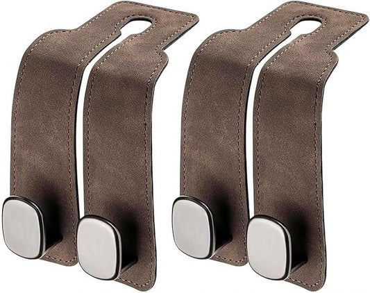 Premium Suede Double Car Headrest Hooks 2 Pack Seat Back Organizer Purse Holder Heavy Duty Metal Auto Interior Storage Clip for Bags(Brown)