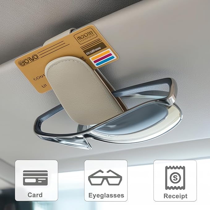 EldHus Sunglass Holder for Car Visor - 2 Pack Magnetic Car Glasses Holder Clip, Leather Eyeglass Holder for Car, Universal Vehicle Sunglasses Hanger Eyeglasses Mount, Beige