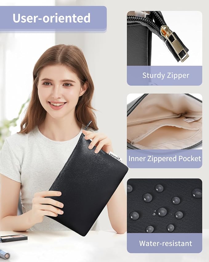 Narwey Small Makeup bag for Purse, Small Makeup Pouch for Purse Cosmetic Bag with Zipper, Cute PU Leather Make up Pouch for Women Girls (Black)