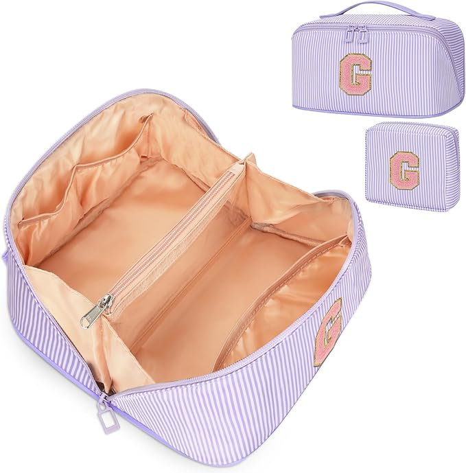 2026 Graduation Gifts - Travel Makeup Bag for Women, 2Pcs Portable Personalized Initial Makeup Organizer Bag, Open Flat Large Cosmetic Bag With Travel Essential Pouch (Purple Letter G)