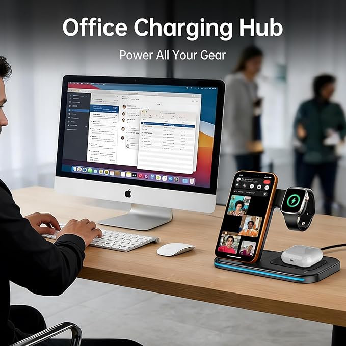 [Qi] 3 in 1 Charging Station for iPhone, 21W Wireless Charging Station, Stand Multiple Devices for Apple, for iPhone 17 16 15 14-8 Pro Max, Watch, AirPods 4 3 Pro, Nightstand, Desk, Trip, Gift