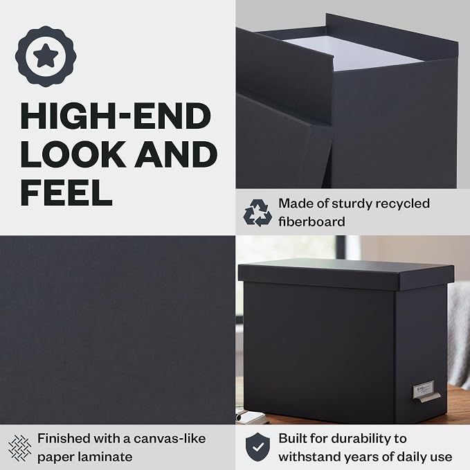 Bigso John Fiberboard Label Frame Desktop File Storage Box - Document Organizer for Important Paperwork - Durable Hanging File Box with a Lid & Metal Label Window - 7.36 x 13.38 x 10.51 in - Dark Grey