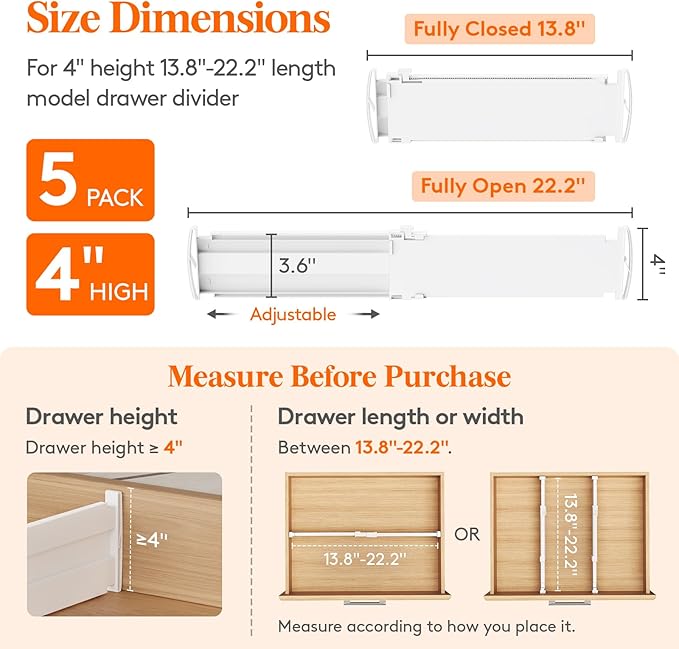 Lifewit 4" Tall 5 Pack Drawer Dividers, 35-56.5cm/13.8-22.2" Expandable Drawer Divider for Clothes, Adjustable Dresser Drawer Organizers, Drawers Separators for Dresser/Bathroom/Closet/Kitchen White