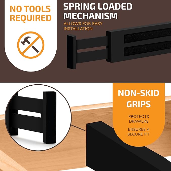 6 Pack Bamboo Drawer Dividers - 17" to 21.5" Expandable Adjustable Drawer Organizer for Kitchen Utensils, Large Drawer Divider, Clothes, Dresser, Bedroom, Bathroom, Desk Drawer Separator Set (Black)
