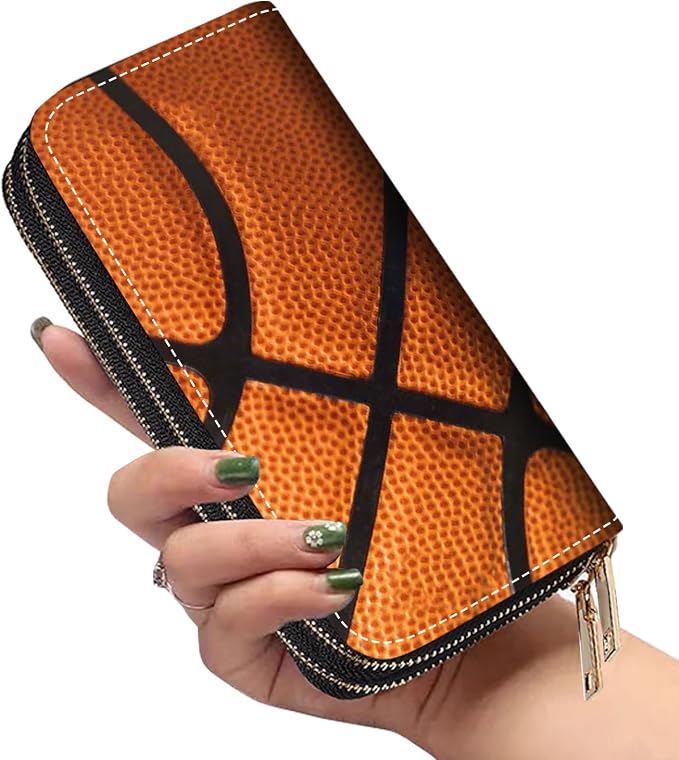 Women's Large Capacity Wallet PU Leather Double Zipper Clutch Purse Multifunctional Wallet with Removable Wristlet Strap for Smart Phone/Coin/Card/Cash, Basketball Surface