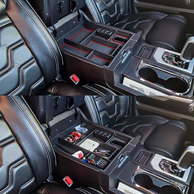 EDBETOS Center Console Tray Organizer Compatible with Toyota Tundra 2014 2015 2016 2017 2018 2019 2020 2021 Accessories, Armrest Secondary Storage Box (Red Trim)