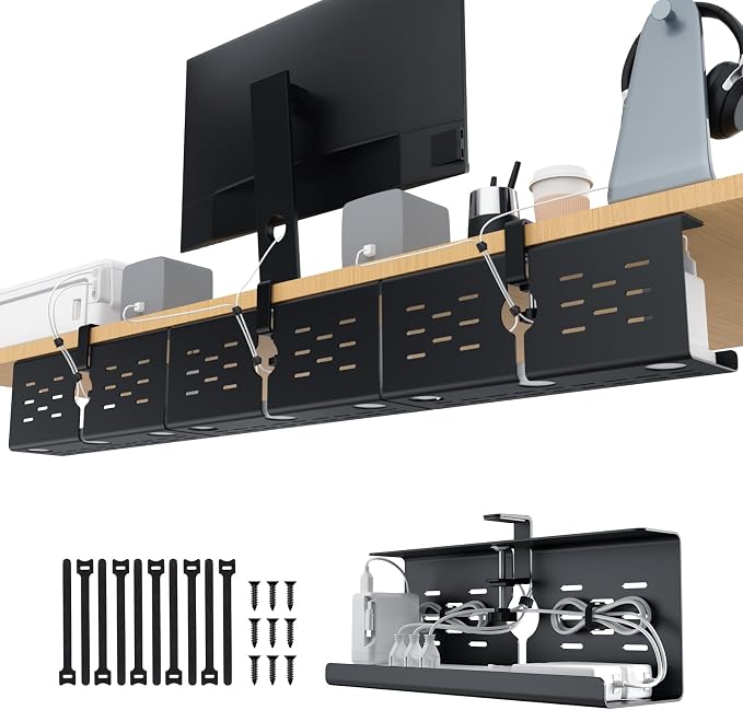 KEEGH 16" Under Desk Cable Management Tray, No Drill Clamp Mount, Extra Large Desk Cord Organizer Upgrade Capacity, Cord Management Tray for Home Office, Gaming Desk, Standing Desk, Black, 3 Pack