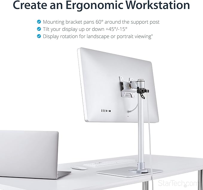 StarTech.com Single Monitor Stand, Adjustable, Supports UHD, iMac and Apple Thunderbolt Displays from 12'' to 34" (30.9lb/14kg), Premium Single Screen VESA Monitor Mount Stand, Silver, TAA