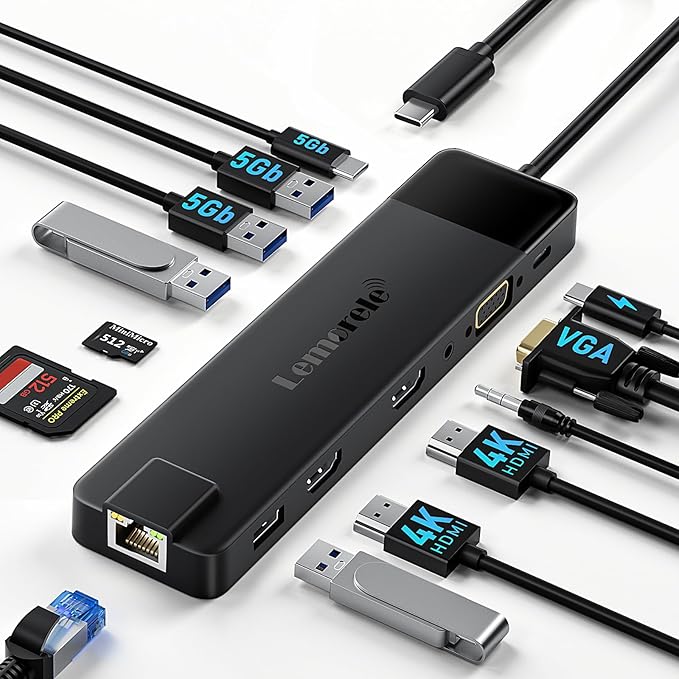 Lemorele 13 in 1 USB C Docking Station for Triple Monitors, Dual 4K HDMI, 1000M RJ45, VGA, 4 USB 3.0/2.0, SD/TF, 3.5MM Audio, USB C 3.0, 100W PD, Compatible with Type C Laptops