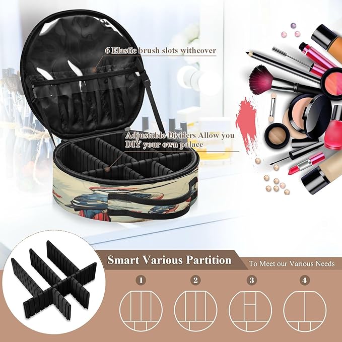 senya Round Cosmetic Pouch Travel Makeup Train Case Vintage Birds Makeup Organizer Bag with Adjustable Dividers Portable for Cosmetics Makeup Brushes Toiletry Jewelry Accessories