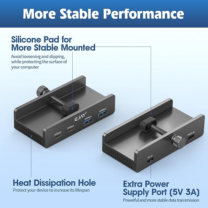 EJAY 4Ports 10Gbps USB-C HUB USB3.2 Clamp USB HUB Splitter,Mountable USB-C Adapter with Data & Power Cable for iMac 2021 and later-10Gbps (Black)